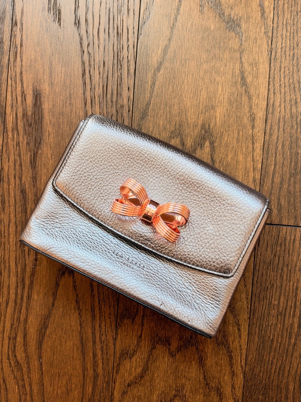 Ted Baker Silver Crossbody Bag with Rose Gold Bow Accent